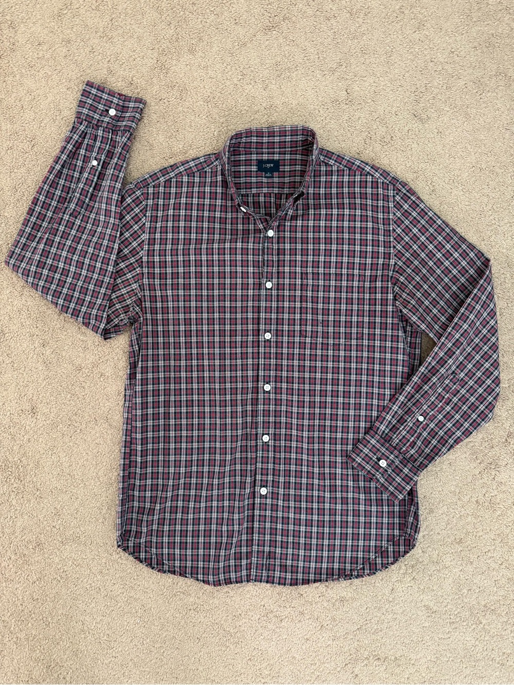 J. Crew Men's Red Navy Plaid Button-Down Shirt size Medium 100% Cotton